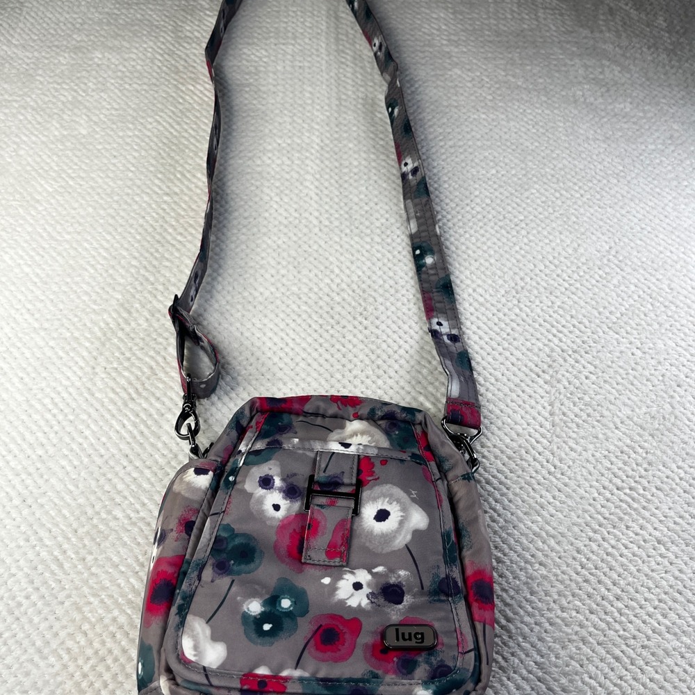 Lug Can Can Floral Crossbody Bag Grey Pink Purple Adjustable Strap Travel Purse